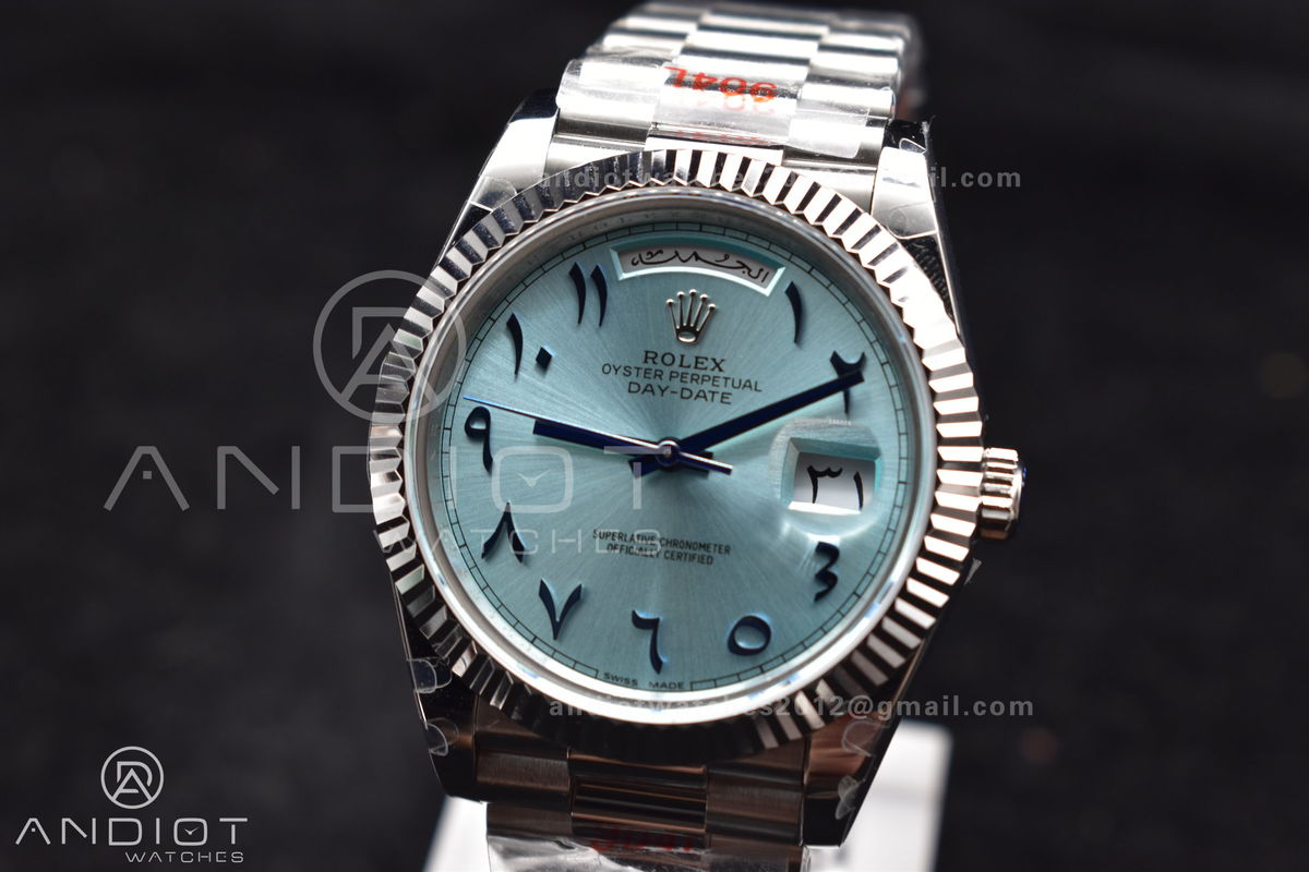 DayDate 40 SS GMF 904L Steel Iced Blue Dial Arabic Markers on President Bracelet A3255 V2